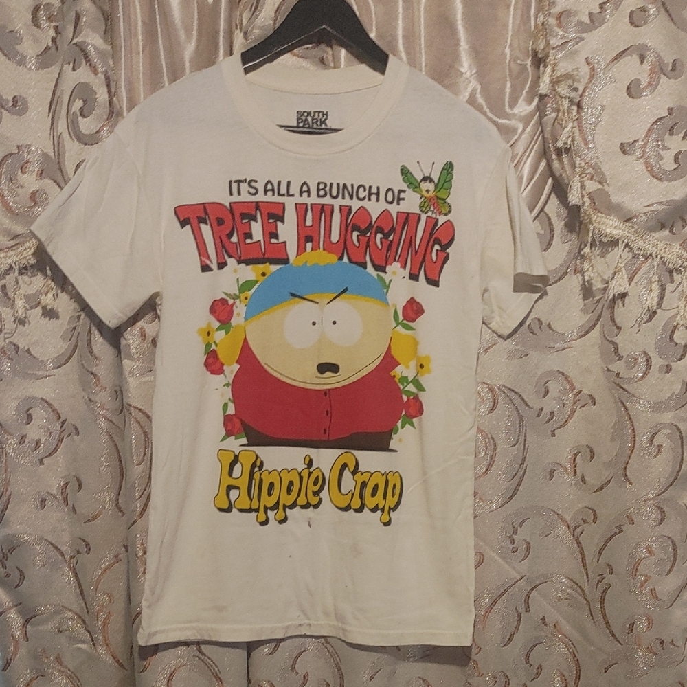 South Park White Graphic Tee - Tree Hugging Hippie Crop Eric Cartmen Design